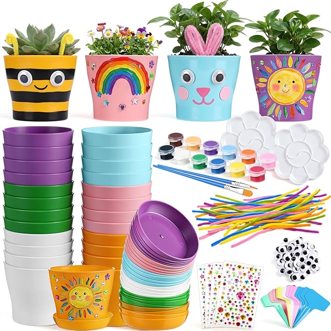 24 Set Garden Plastic Paintable Flower Pot Craft Kit 4" Starter Pots DIY Painting Party Supplies with Acrylic Paint Strips Gardening Kit for Planting Crafts Birthday Easter Spring Gift Rootora