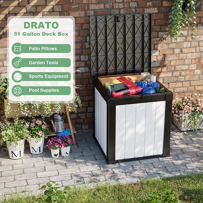 DRATO 50 Gallon Deck Box, Outdoor Storage Box for Patio Cushion, Garden Tools, Waterproof Patio Storage box, Lockable (Black and White) DRATOprovidesawarmandcozy