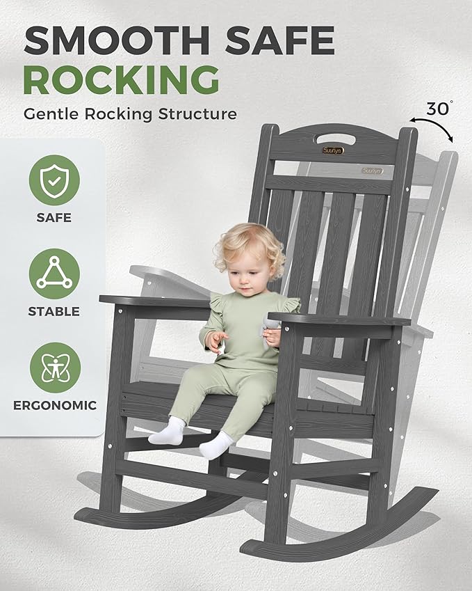Oversized Outdoor Rocking Chairs Set of 4, High Back Porch Rocker Chair, HDPE All Weather Resistant Rocking Chairs for Patio, 380lbs Weight Capacity, Dark Grey Suunyn