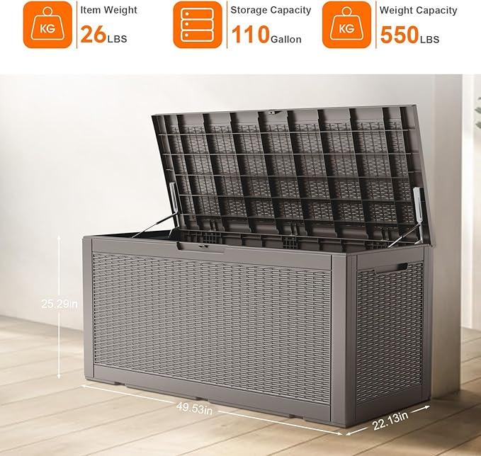 ROJIK Outdoor Storage Housing Deck Box - Waterproof Patio Furniture, Garden Tools, Cushions, Pool Accessories Storage Bench with Lockable Lid and Side Handles (Grey 110 Gal) ROJIK