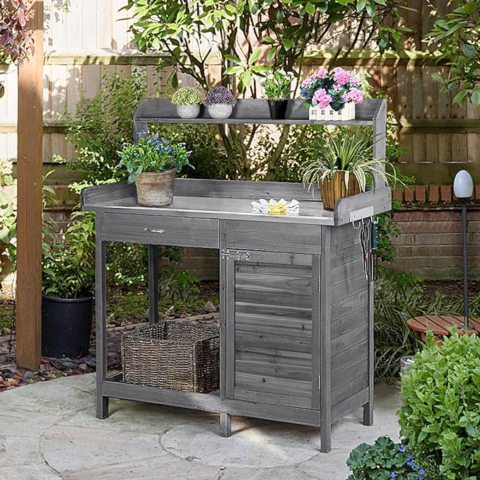 Yaheetech Outdoor Potting Bench Table, Garden Workstation w/Metal Tabletop/Cabinet Drawer/Open Top/Lower Shelf/Handy Hooks for Horticulture,Gray Yaheetech