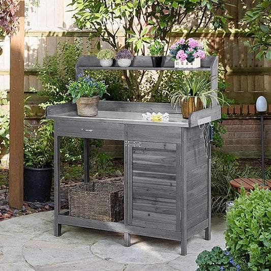 Yaheetech Outdoor Potting Bench Table, Garden Workstation w/Metal Tabletop/Cabinet Drawer/Open Top/Lower Shelf/Handy Hooks for Horticulture,Gray Yaheetech
