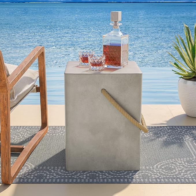 COSIEST Concrete Side Table, Rectangular Outdoor Side Table w Hemp Rope Handles,15''Patio Side Tables End Table, Outdoor Accent Coffe Table for Garden and Patio, Grey COSIEST