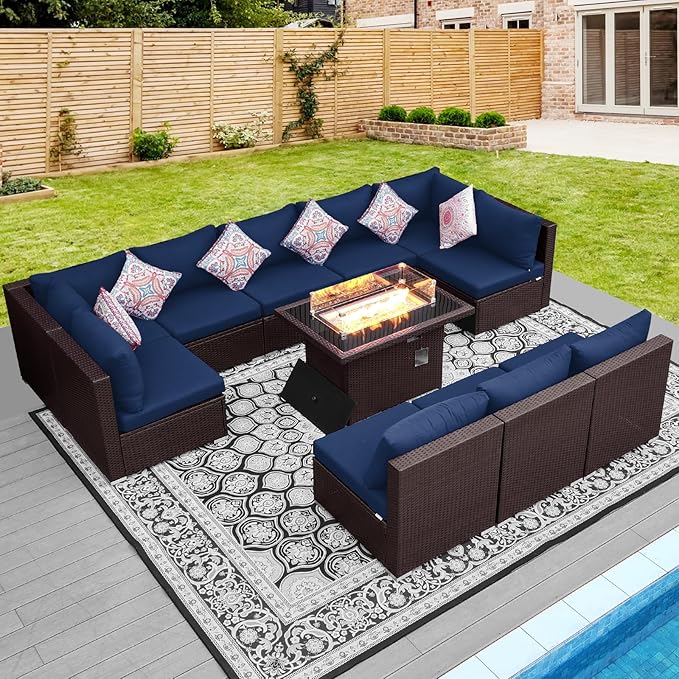 NICESOUL Modern Outdoor Patio Sectional Sofa Set with Firepit Natural Gas/Propane, 29.3'' High Back Wicker Conversation Set, 10 Seats Large Deep Seating Furniture, Brown Rattan and Navy Blue Cushion NICESOUL
