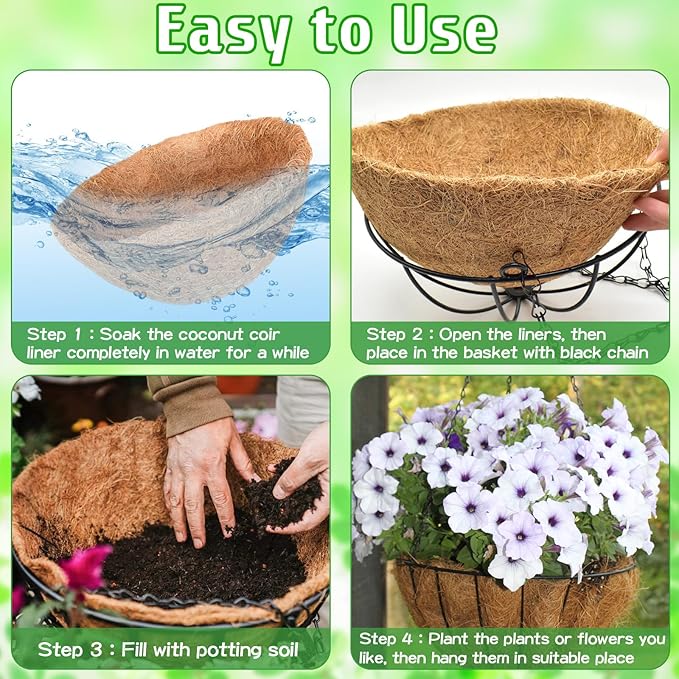 ZeeDix 2 Pack 14 Inch Metal Hanging Baskets for Plants Outdoor, Wire Round Planters with Coco Coir Liner, Hanging Flower Baskets for Home Garden Porch Balcony Railings Decor ZeeDix