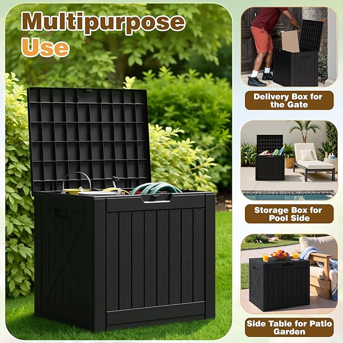 Flamaker Resin Deck Box 40 Gallon Waterproof Outdoor Indoor Storage Box Imitation Wood Resin for Patio Furniture Garden Tools and Pool (Black) Flamaker