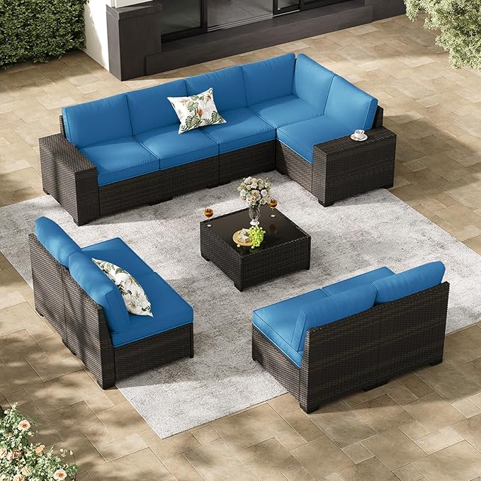 Jing's Villa 10-Piece Patio Furniture Set, All-Weather Outdoor Wicker Sectional Sofa with Cushions,Glass Table & Left and Right Armrest, Rattan Conversation Seating for Porch, Backyard,Peacock Blue JingsVillaOutdoorFurniture