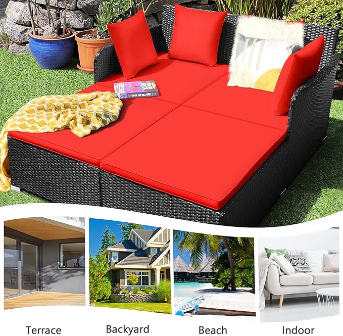 HAPPYGRILL Outdoor Rattan Daybed Patio Loveseat Sofa Set with Padded Cushion Pillows and Sturdy Aluminum Foot, Wicker Patio Furniture for Garden Porch Poolside HAPPYGRILL