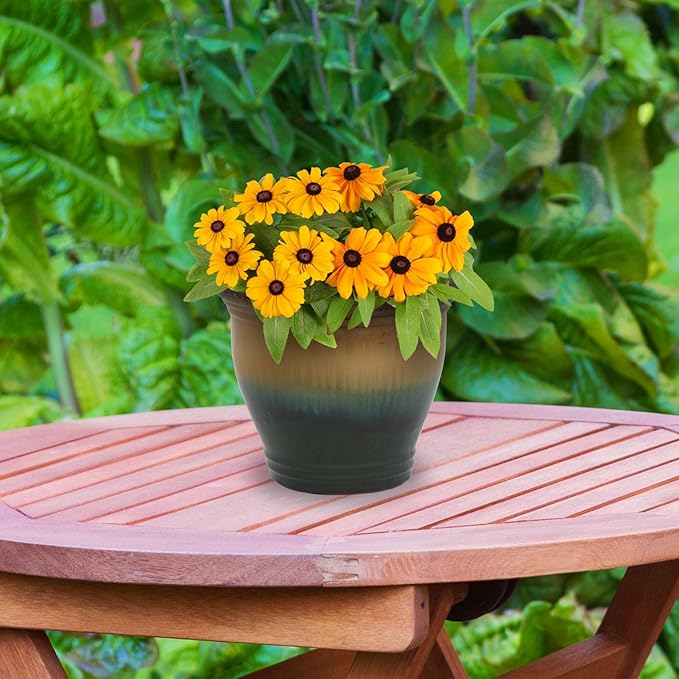 Sunnydaze Round Ceramic Planter - Set of 2 Indoor or Outdoor Plant Pots with Drainage Hole - Studio - 11" - Forest Lake Green Glaze SunnydazeDecor