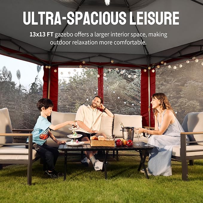 CROWN SHADES 13x13 Pop Up Gazebo with Mosquito Nettings, Patented Center Lock 6-Sided Portable Gazebo, 300D Silver-Coated Fabric UV Resistant, Pop Up Canopy Tent for Patio, Party, Red&Grey CrownShades