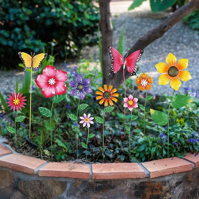 hogardeck Garden Decor for Outside, Set of 10 Metal Flowers Decorative Garden Stakes for Spring Decor, Yard Art Garden Decorations for Outdoor Lawn Porch Pathway (Multi-Color) (Color b) HOGARDECK