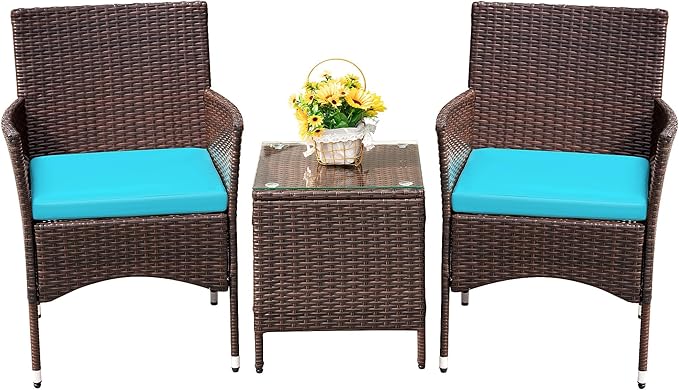 Devoko Patio Porch Furniture Sets 3 Pieces PE Rattan Wicker Chairs with Table Outdoor Garden Furniture Sets (Brown/Blue) DEVOKO