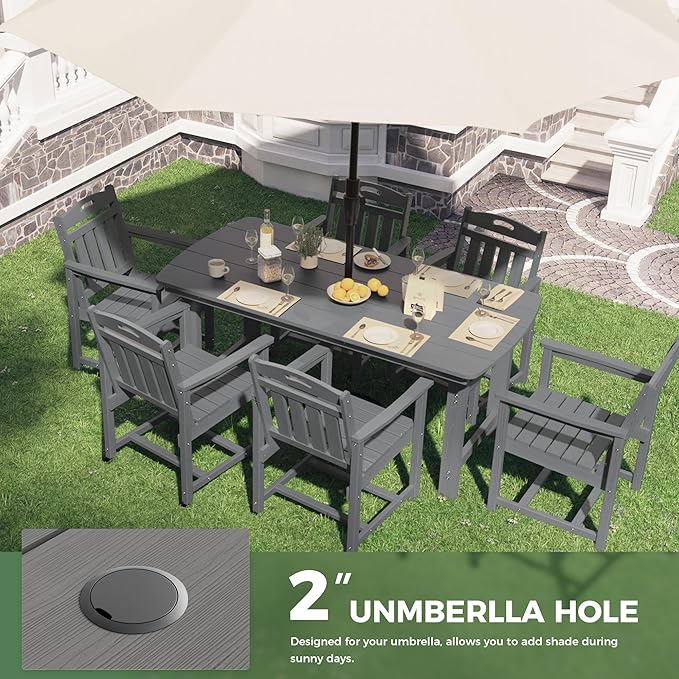 HDPE Outdoor Patio Dining Set with Table & 6 Chairs, All-Weather 7-Piece Outdoor Table and Chairs, 2" Umbrella Hole, Patio Furniture for Garden, Backyard, Deck | Grey Suunyn