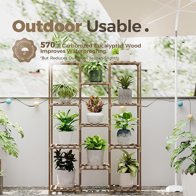 Bamworld Plant Stand Indoor Outdoor Tall Plants Shelf for Multiple Plants Pots Wood Flower Stand Large 11 Pots Plant Holder for Living Room, Patio, Balcony, Garden Bamworld