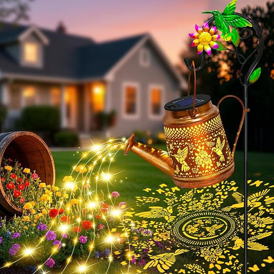 Solar Lights Outdoor Waterproof Garden Decor,Solar Watering Can Lights Hummingbird lanterns,Birthday Gifts for Mom Women,Decorative Outside Metal Hanging Fairy String Light for Yard Art Patio Porch EDOF