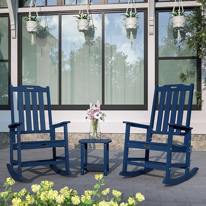 Oversized Rocking Chair Set of 4, Outdoor Rocking Chair for Adults, All Weather Resistant Porch Rocker for Lawn Garden, Navy Blue THOEOE