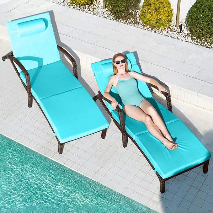 Chaise Lounge Chairs Outdoor Set of 4, Comfy Outside Wicker Patio Pool Lounge Chair w/ 5 Adjustable Back Angle, Cup Holder, Thicken Cushion ZZWHOM