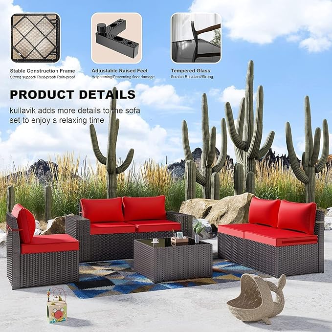 Kullavik 13PCS Outdoor Patio Furniture Set with 43" 55000BTU Gas Propane Fire Pit Table PE Wicker Rattan Sectional Sofa Patio Conversation Sets,Red KULLAVIK