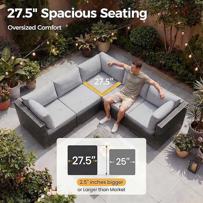 NICESOUL 13 Piece Outdoor Furniture with Fire Pit, Gray Wicker Patio Sectional with Fire Pit & Chaise Lounge, Modular 29.3" Highback Large Size Sectional Sofa for Outside Pool Backyard NICESOUL