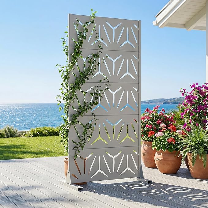 Casaphoria Metal Privacy Screen Outdoor, 60" H x 30" W Freestanding Decorative Privacy Screen for Patio Deck Balcony Garden with Stable Base, Grey-Star Casaphoria