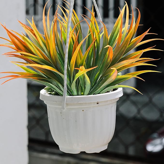 16Pcs Artificial Grass Fake Plants 17.3in Outdoor Plastic Plants UV Resistant Greenery Fake Grass for Home Window Garden Office Patio Hanging Planter Pathway Front Porch Décor Orange Yellow Phliofd