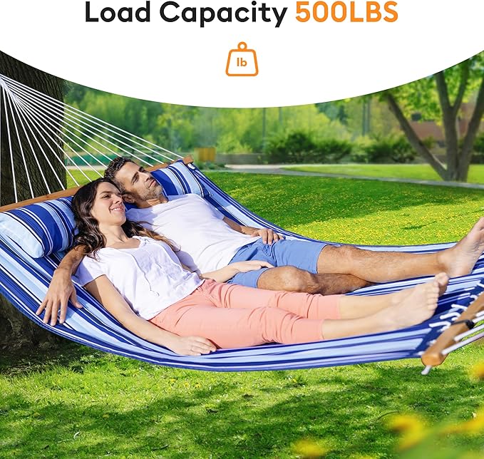 Double Hammock with Spreader Bar,Soft Pillow,Max Load 500lbs,Portable Hammock for Outdoor,Camping,and Backyard,Blue Rootora