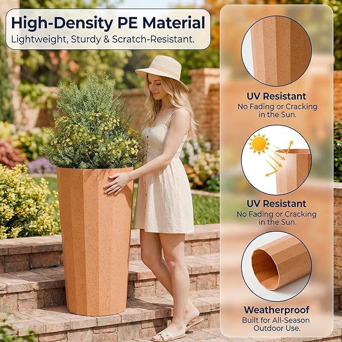 23.6" H Tall Planters for Outdoor Plants, 2 Pack Large Outdoor Planters for Porch Decor with Automatic Drainage Hole, Plastic Stripe Design Flower Pots Fits Indoor Plants Patio Garden, Black Outdoorchairs