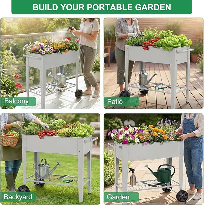 Elevated 32" Tall Raised Garden Bed with Legs and Wheels for Mobility, Metal Planter Boxes Outdoor with Shelf, Raised Bed for Gardening Vegetables/Herbs, Backyard, Patio, Balcony, Grey BIRDSINYARD