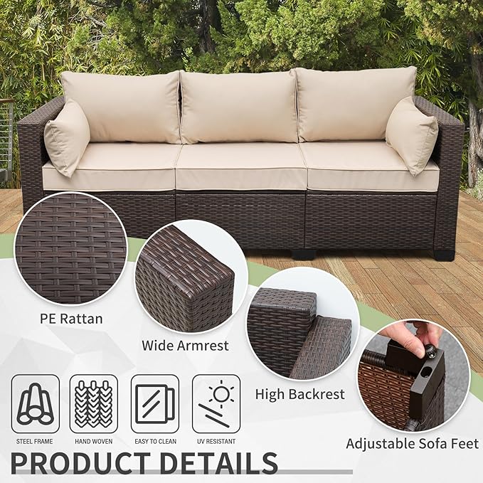 WAROOM Patio Couch PE Rattan 3-Seat Outdoor Sofa Brown Wicker Furniture Set Deep Seating with Anti-Slip Beige Cushion WAROOM