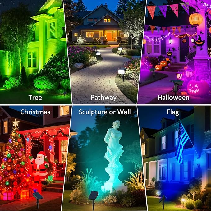 T-SUNUS RGB Solar Landscape Spotlights Christmas Outdoor IP65 Waterproof Color Spot Lights Auto Dusk to Dawn Landscaping Wall Light for Tree Yard Garden Driveway Porch Walkway Pond Halloween 2 Pack T-SUNUSLighting