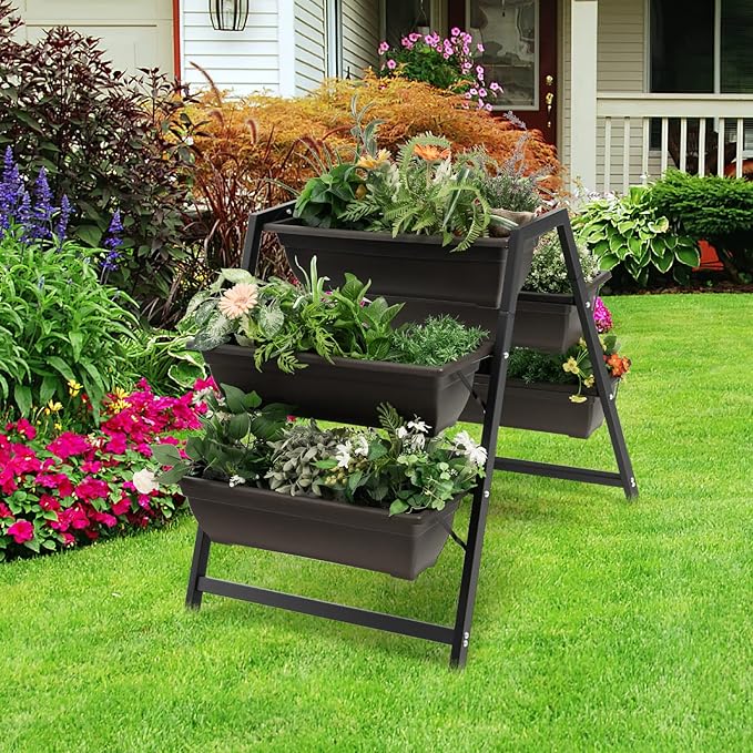 Giantex Set of 2 Vertical Raised Garden Bed, 5 Planter Boxes Container w/Drainage Holes, 31" H Freestanding Heavy-Duty Metal Frame, Indoor Outdoor Raised Bed for Vegetables Herbs Flowers to Grow Giantex