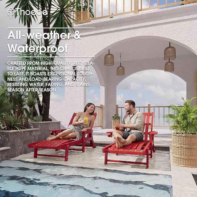 Patio Chaise Lounge Chair, Oversized Lounge Chair Outdoor with 5 Positions, HDPE, Patio Lounge Chair with Wheels & Cup Holder for Pool, Deck, Poolside,Red THOEOE