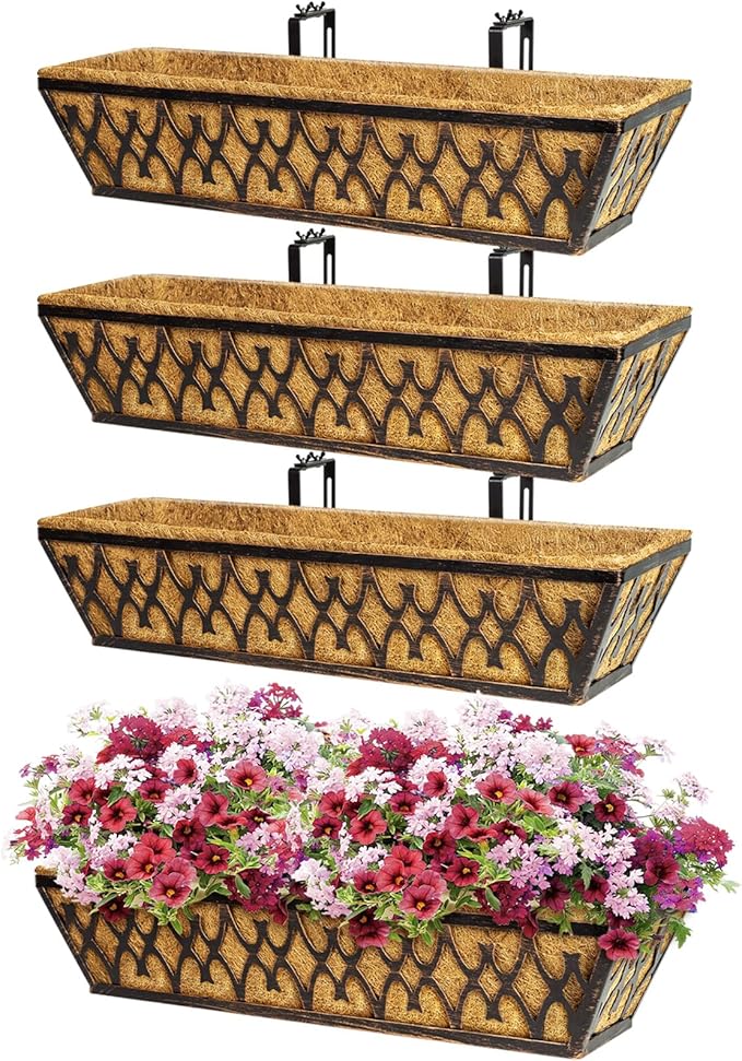 4 Pack 24 Inch Window Boxes Planters Railing Planter Box with Adjustable Brackets for Porch Fence Patio Balcony Hanging Flower Baskets with Coco Liners for Outdoor Garden Decor - Bronze KarlliuHOMEGARDEN