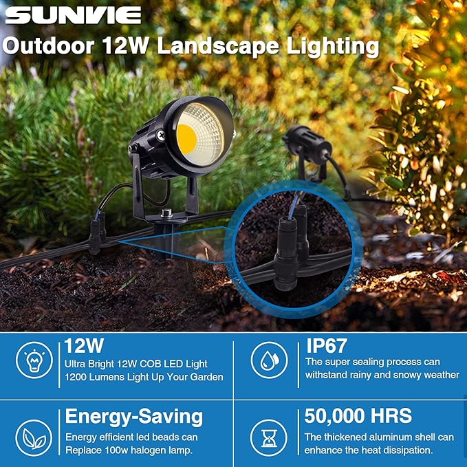 SUNVIE 12W Low Voltage Landscape Lighting Landscaping Lights with Connectors Outdoor LED Landscape Light 3000K Waterproof Tree Flag Lights Low Voltage Lighting with Stand for Garden Yard Path, 16 Pack SUNVIE