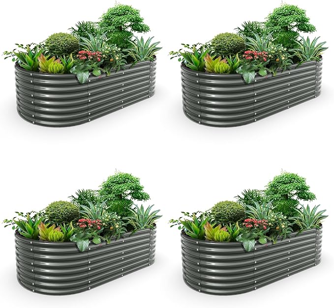 A ANLEOLIFE 4-Set 8X4X2 ft Galvanized Raised Garden Bed Kit, Oval Metal Deep Root Planters for Outdoor Plants, Quartz Grey AAnleolife