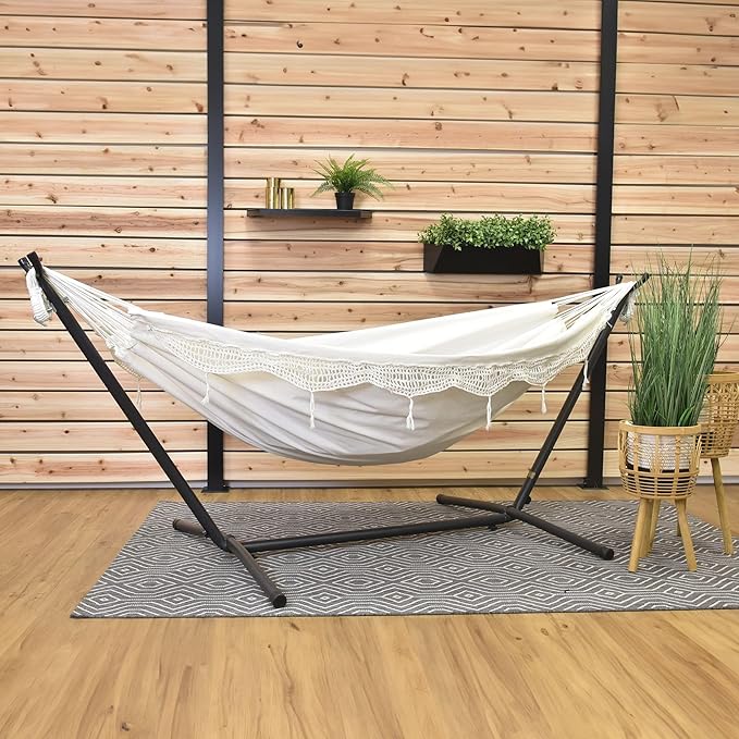 Vivere Double Cotton Hammock with Space Saving Steel Stand, Upgraded Polyester End Strings 450 lb Capacity - Premium Carry Bag Included - USA Grown Cotton (Natural) Vivere