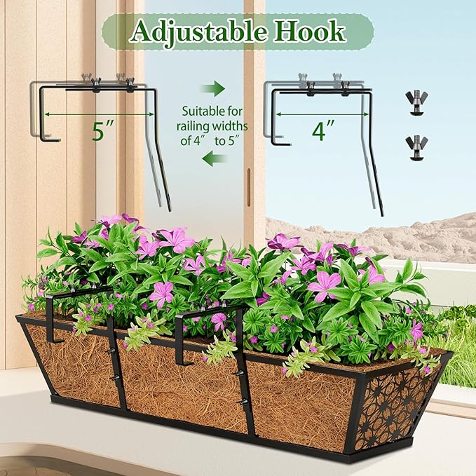 SPECILITE 24" Window Boxes Planters, Heavy Duty Metal Railing Planter Boxes, Adjustable Balcony Planters for Railing Hanging, with Coco Liner & Tool Set for Deck, Porch, and Patio Gardening (2 Pack) SPECILITE