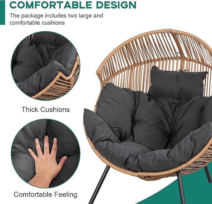 Shintenchi Wicker Egg Chair Rattan Patio Chair with Cushion,Oversized Patio Lounge Chairs with Cushion Egg Basket Chair, Egg Seat for Indoor Living Room Bedroom Outside,Grey Shintenchi