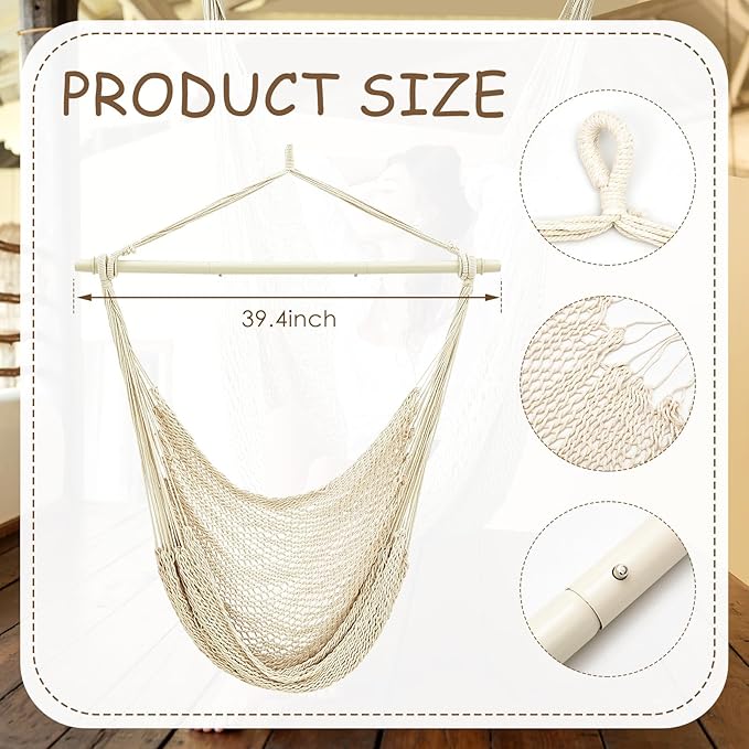 Barydat 2 Pcs Hanging Hammock Chair Boho Swing Chair Indoor Outdoor Cotton Rope Weaving Chair with 40 Inch Detachable Metal Bars for Backyard Living Room Bedroom Garden(Beige) home