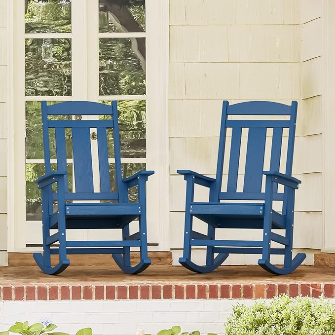LUE BONA Outdoor Rocking Chairs Set of 2, Weather Resistant Poly Plastic Rocker Chairs, 350lb Heavy Duty, Oversized Porch Rocker for Adult, High Back Smooth Rocking Chairs for Outdoor & Indoor, Blue LUEBONA