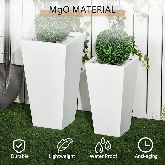 Outsunny 2-Pack Outdoor Planter Set, Flower Pots with Drainage Holes, Durable & Stackable Plant Pot, 22in & 18in, for Porch, Entryway, Patio, Yard, Garden, White Outsunny