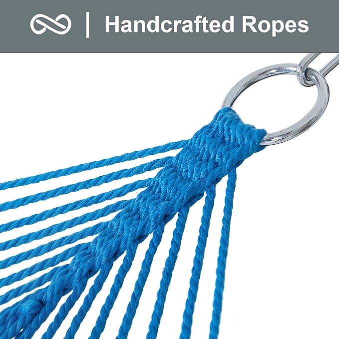 SUNCREAT Polyester Rope Hammock with Bamboo Spreader Bar, Carrying Bag, 450 lbs Capacity, Two Person Hammock with Tree Hooks, Blue SUNCREAT