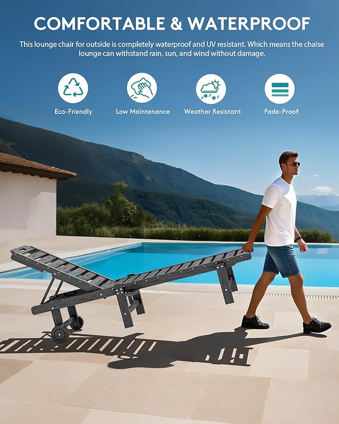 SERWALL Outdoor Chaise Lounge Set of 6, HDPE Pool Lounge Chair with 5-Position Adjustable Backrest, Patio Lounger with Rolling Wheels & Cup Holder for Pool, Grey SERWALL