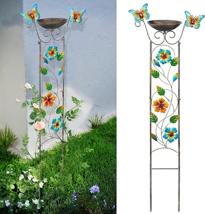 SUNNYPARK Bird Bath with Trellis Outdoor, Antique Garden Iron Plant Trellis with Decorative Floral-Butterflies Detachable Bird Bath Bowl Metal Potted Plants Support for Climbing Flowers SUNNYPARK