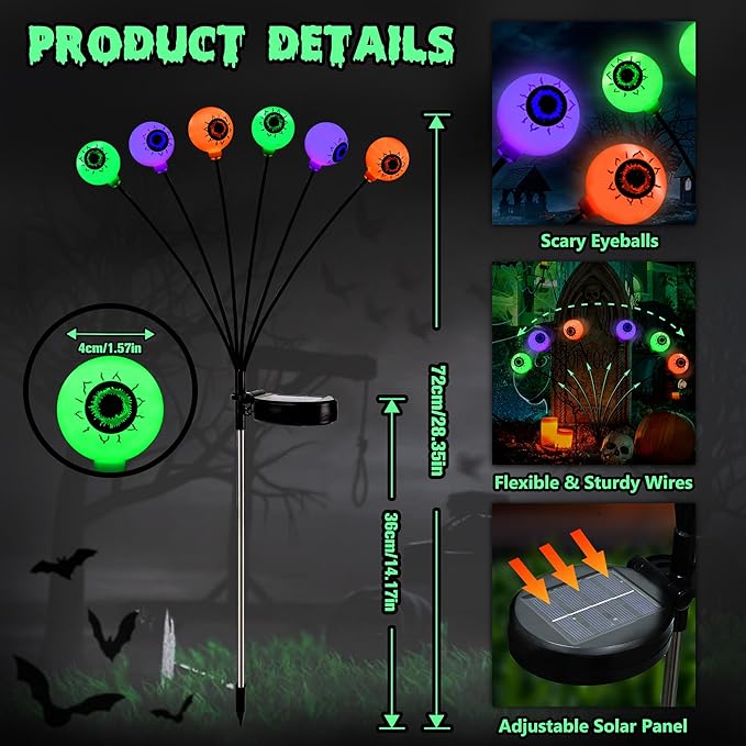 BrizLabs 6 Pack 36 LED Halloween Solar Eyeball Lights, 2 Modes Outdoor Halloween Pathway Lights, Solar Spooky Path Light Waterproof, Swaying Firefly Light for Yard Garden Lawn, Orange & Purple & Green BrizLabs