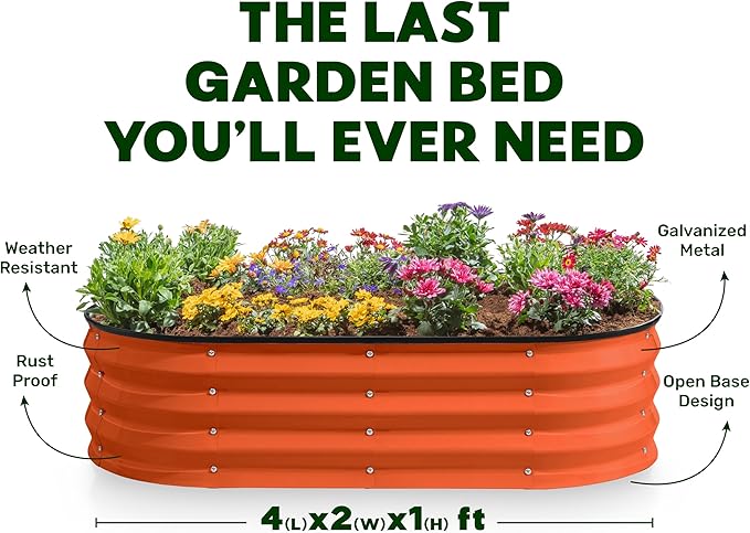 Plant & Plot Galvanized Raised Garden Beds Outdoor // 4×2×1 ft Planter Raised Beds for Gardening, Vegetables, Flowers (Orange) // Large Metal Garden Box PlantPlot