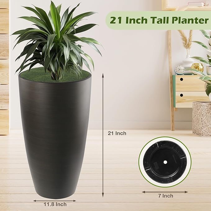 2 Packs 21 inch Tall Planter, Indoor Outdoor Round Planter for Porch, Large Plant Pot with Drainage Hole for Home Garden Front Door, Modern Decorative Pots for Plants (Dark Brown) Goldshire