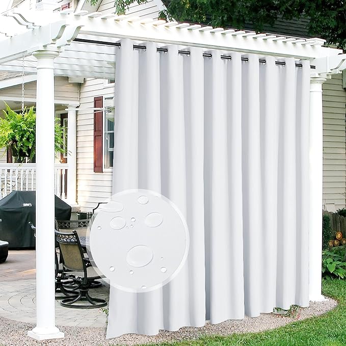 RYB HOME Extra Wide Outdoor Curtains for Patio Waterproof Heavy Duty Thermal Insulated in Summer Full Coverage Privacy for Porch, Cabana & Pool, W150 x L95, Greyish White, 1 Panel RYBHOME