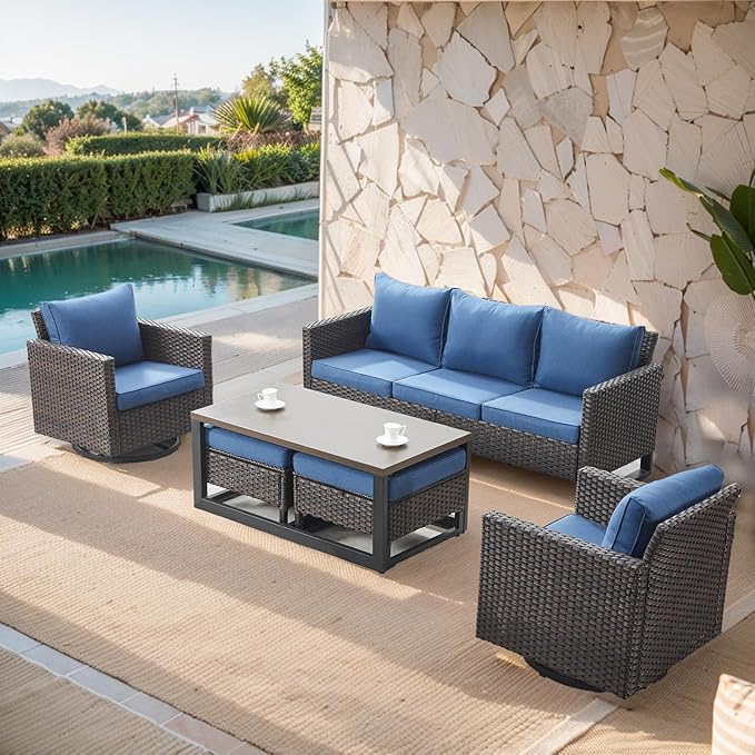 Belord 6 Piece Outdoor Furniture Patio Wicker Sofa Set, Oversize Outdoor Swivel Rocker Chairs with Rattan Ottomans, Conversation Sets Patio Furniture Come with Removable Washable Cushion Blue, Brown Belord
