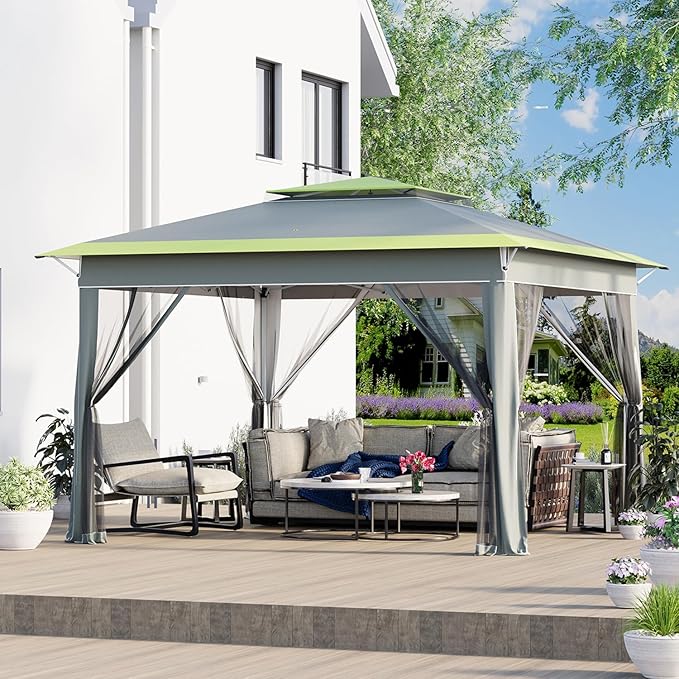 ECOTOUGE 11 FT Pop Up Canopy Tent with Mosquito Nettings, Instant Shelte gazebos on Clearance w/Carrying Roller Bag, Waterproof and UV Resistant Canopy Tent for Grill, Garden and Backyard Grey-Green ECOTOUGE